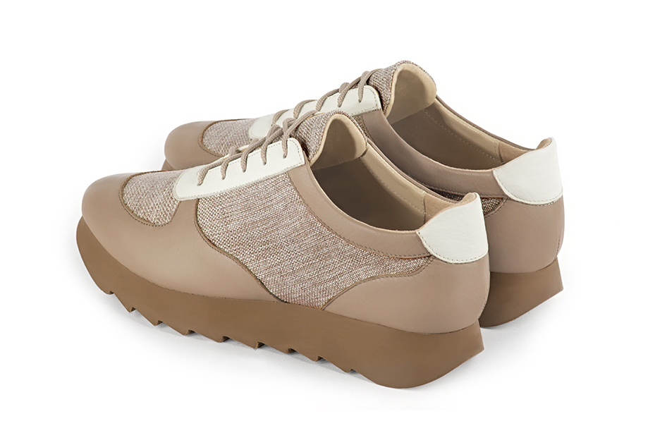 Tan beige and off white women's three-tone elegant sneakers. Round toe. Low rubber soles. Rear view - Florence KOOIJMAN